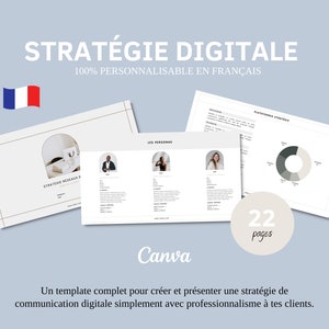 以下が含まれることがあります： Canva 用に設計されたフランス語のデジタルマーケティング戦略テンプレート。テンプレートには 22 ページが含まれており、円グラフ、人物アイコン、および「STRATEGIE RÉSEAUX」というテキストが特徴です。