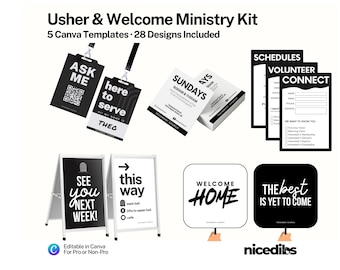 Könnte beinhalten: Ein Satz von 28 druckbaren Designs für ein Willkommens- und Usher-Ministeriumskit für die Kirche. Die Designs beinhalten Schilder mit Texten wie "Fragen Sie mich", "Hier, um zu dienen", "Wir sehen uns nächste Woche", "Dieser Weg", "Willkommen zu Hause" und "Das Beste kommt noch".