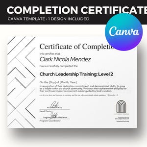 May include: A black and white certificate of completion for Church Leadership Training: Level 2. The certificate is for Clark Nicola Mendez. The certificate is from Testament Church.