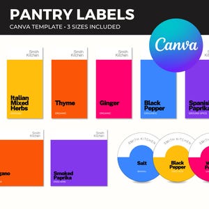 Aanpasbare voorraadkastlabels Organisatie Kleurrijk helder canvassjabloon voor potten Kruiden Bewerkbare en afdrukbare labels | Direct downloaden