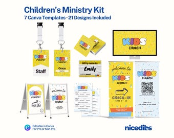 Könnte beinhalten: Ein Kinder-Ministrium-Kit mit 7 Canva-Vorlagen und 21 Designs. Enthält Namensschilder, Beschilderungen und einen Monitor, alles in Gelb und Blau. Das Kit zeigt den Text "KIDS CHURCH".