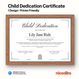 Child Dedication Certificate Editable Canva Template | Printable Church Baptismal Letter | Baby Christening Event Keepsake