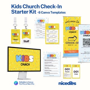 Puede incluir: Un kit de inicio de registro de Kids Church con 6 plantillas de Canva. Incluye etiquetas de nombre, tarjetas de registro, pautas de registro y un monitor de computadora que muestra "Kids Church". El kit presenta una combinación de colores amarillo y azul.