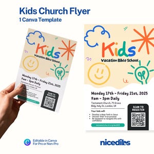 May include: A flyer for a Kids Vacation Bible School, featuring colorful illustrations of a sun, clouds, and a lightbulb. The flyer includes the event dates, times, and location, along with a QR code for registration. The text reads "Kids Church Flyer".