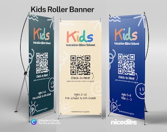 May include: Three vertical roller banners for Kids Vacation Bible School. Each banner features the text Kids Vacation Bible School, a QR code with the text Check-In Here, and age ranges. The banners are displayed in dark teal, cream, and blue colors.