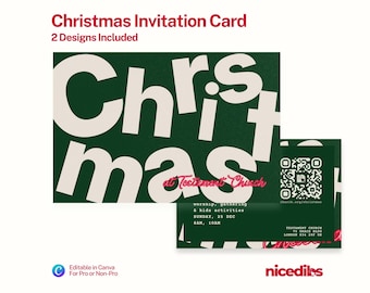 May include: Christmas invitation card with a green background and white text that reads "Christmas" in a bold, overlapping font. The card includes the text "at Testament Church" and event details.