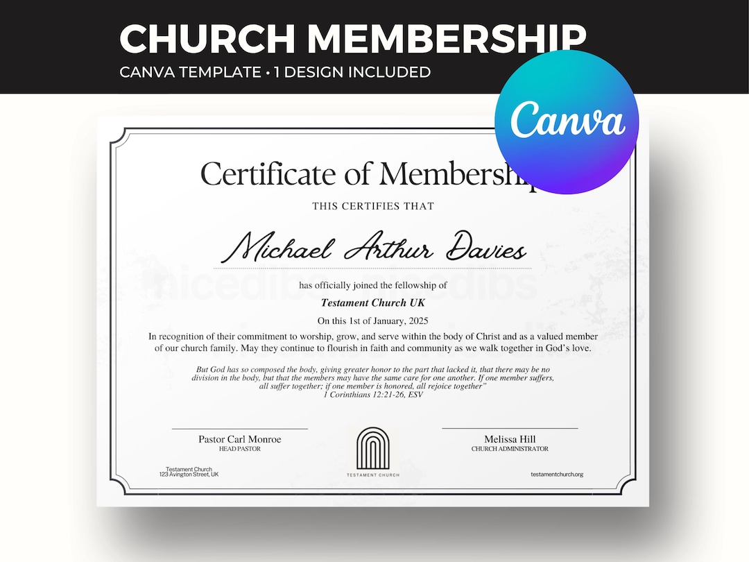 Membership Certificate Canva Template | Printable US Letter | Church ...