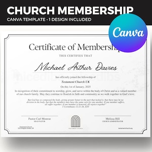 Plantilla editable de certificado de nuevo miembro / Plantilla de Canva para iglesia cristiana / Certificado de membresía para nuevos miembros de la iglesia