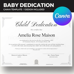 Plantilla editable de certificado de dedicación de bebé / Plantilla de Canva para iglesia cristiana / Certificado imprimible para ceremonia de dedicación de bebé