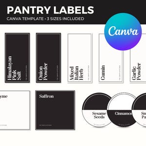Aanpasbare voorraadkastlabels organisatie zwarte minimalistische canvassjabloon voor potten kruiden bewerkbare en afdrukbare labels | Direct downloaden