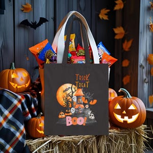 Halloween Trick or Treat Bag, Colorful Cotton Canvas Tote, Kid&#39;s Goody Bag, Cute Candy Bag, Adorable Halloween Candy Bag