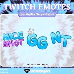 Sparkly Blue/Purple Emotes, Text Emotes, Nice Shot Emote, GG Emote, NT Emote // For Twitch, Kick, Discord, and YouTube