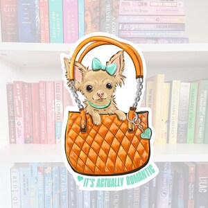 Può includere: Un adesivo con un chihuahua dei cartoni animati con un fiocco verde acqua, che sbuca da una borsa arancione trapuntata appesa a catene d'argento. L'adesivo presenta il testo "IT'S ACTUALLY ROMANTIC" in verde acqua.