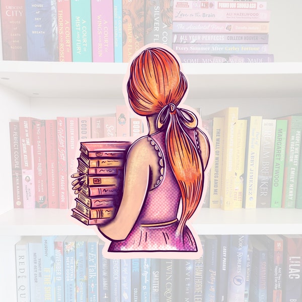 Whimsical redhead with books STICKER