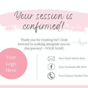 Klantbedankkaarten en bevestigingssjabloon voor sessieboekingen voor counselors, coaches, trauma-debriefers en doula's. Volledig bewerkbaar-CANVA