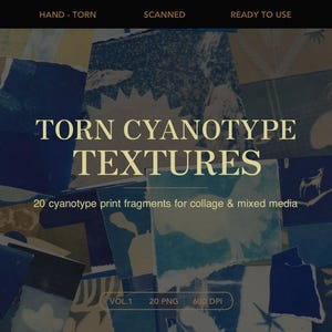 Hand-Torn Cyanotype Paper Textures, 20 PNG Collage Pieces (600 DPI)