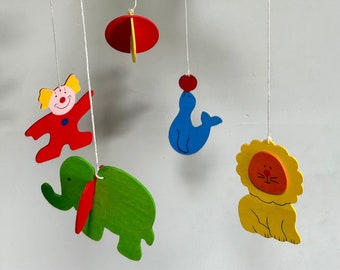 Colourful Traditional Decorative Wooden Baby Nursery Cot Mobile Animal Circus Theme Hand-painted Blue