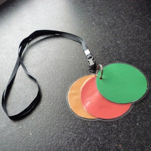 May include: A black lanyard with a plastic clasp, holding four circular colour swatches. The swatches are green, orange, and red, and are held together by a metal ring. The swatches are in clear plastic sleeves.