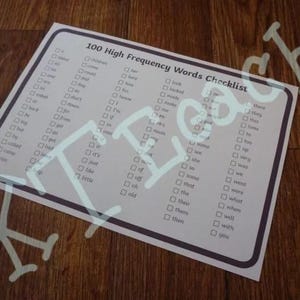 May include: A checklist of 100 high frequency words, with tick boxes next to each word. The words are organised in columns and are printed in black on a light pink background.