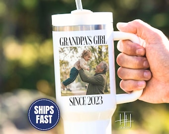 Custom Grandpa Photo Tumbler, Personalized New Grandpa Father’s Day Gift Travel Tumbler With Handle for Grandpa Birthday Gift Grandpa Gift