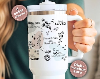 Personalized Daily Reminder Tumbler with Handle Custom Affirmation Travel Mug Mental Health Boho Gift Insulated 40 oz Tumbler Quencher Cup