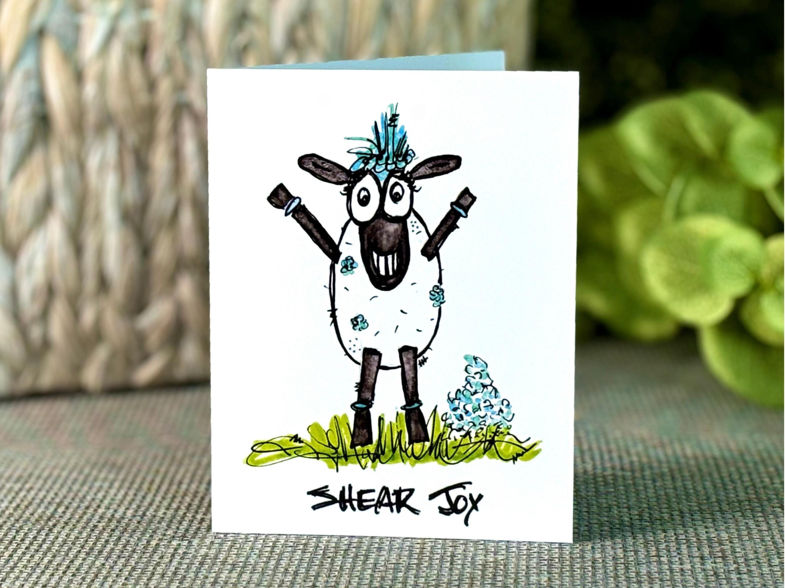 Funny Knitting Note Card Sheep Wool Gift for Knitter Thank You Card Blue Haired Animal Present for Friend Greeting Note Farm Design Wool