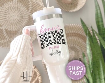 Bonus Mom Tumbler Custom Bonus Mom 40oz Tumbler With Handle Personalized Gift For Bonus Mom Travel Tumbler Bonus Mama To Go Cup Tumbler Mug