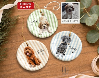 Custom Pet Photo Dog Ornament, Personalized Dog Striped Watercolor Ornament, Pet Portrait Custom Keepsake Ornament, Dog Christmas Ornament