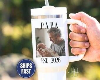 Custom Papa Photo Tumbler, Personalized New Papa Father’s Day Gift Travel Tumbler With Handle for Papa Birthday Gift New Papa Custom Gift