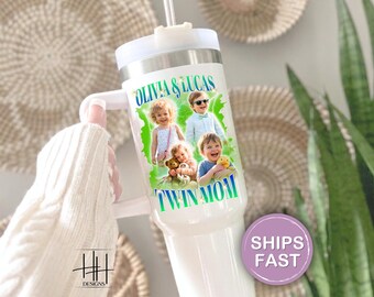 Twin Mom Photo Tumbler, Custom Bootleg Twin Mom Personalized 40oz Tumbler With Handle Gift For Twin Mama Tumbler Twin Mom Travel ToGo Cup