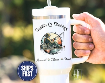 Custom Grandpa Fishing Tumbler, Personalized Fishing Travel Tumbler With Grandkids Names Grandpa’s Keepers Tumbler Gift for Grandpa Birthday