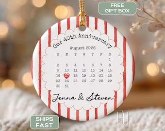 Custom 40th Anniversary Ornament, Personalized 40th Anniversary Calendar Ornament Ruby Wedding Anniversary Keepsake Ornament Gift For Couple
