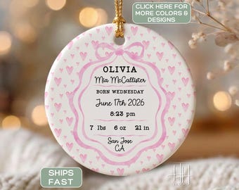 Baby Girl Birth Stats Keepsake, Custom Baby Girl Birth Stats Ornament, Keepsake Birth Stats Ornament Personalized Newborn Keepsake Ornament