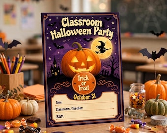 Redigerbar Halloweenfestinbjudan, Canva-mall för klassrumsbarn, utskrivbar
