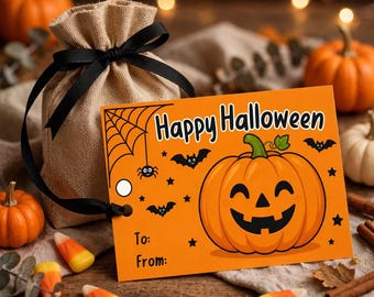 Mall för Halloween-presentetikett, redigerbar Canvas-presentetikett med bus eller godis, direktnedladdning