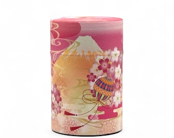 Japanese Shizukan Sakura Pink Blossom Mt. Fuji Series Washi Paper Wrapped Metal Tea Canister (S) - Japanese Chazutsu