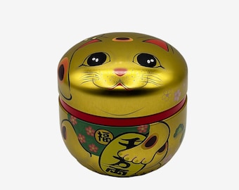 Japanese Maneki Neko Cat Gold Metal Tea Canister - Japanese Chazutsu - Inoue Tea