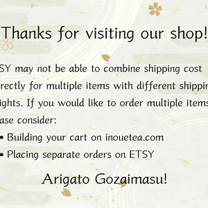 May include: A cream-colored background with Japanese-style floral and cloud motifs. The text reads "Thanks for visiting our shop!" and "Arigato Gozaimasu!" with information about ordering multiple items.