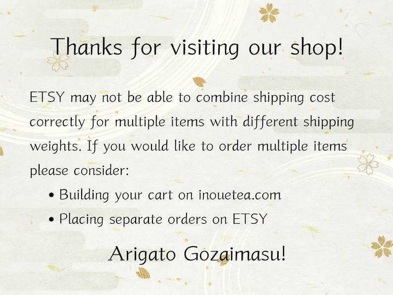 May include: A cream-colored background with Japanese-style floral and cloud motifs. The text reads "Thanks for visiting our shop!" and "Arigato Gozaimasu!" with information about ordering multiple items.