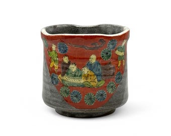 Ki Kome Rojo Gris Kutani-yaki Yunomi 九谷焼 - Taza de té japonesa