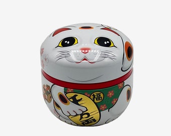 Japanese Maneki Neko Cat White Metal Tea Canister - Japanese Chazutsu - Inoue Tea