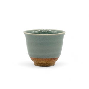 May include: A small, light blue ceramic teacup with a brown rim and a textured glaze.