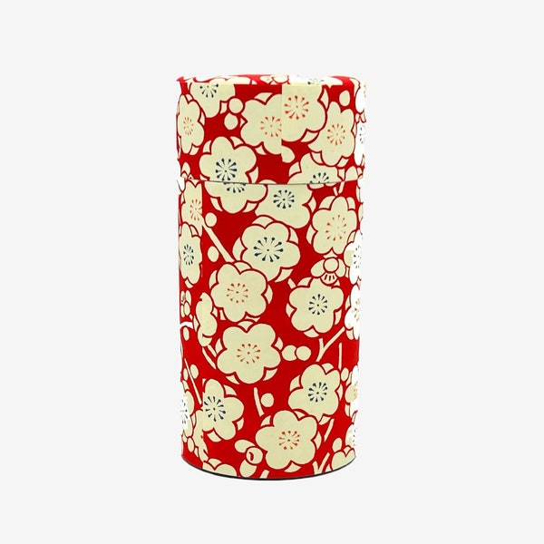 Sakura Red Washi Paper Wrapped Tea Canister Tin Container - Japanese Chazutsu - Inoue Tea