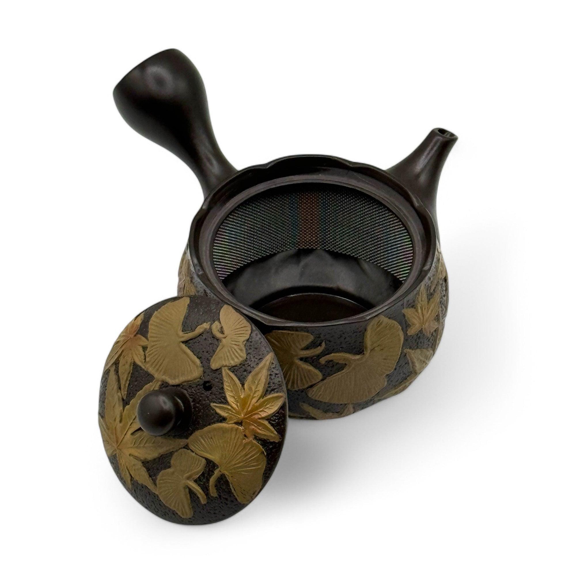 Maple Gingko Leaves Black Tokoname-yaki Kyusu by Chikushun