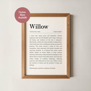 May include: A framed print with the name "Willow" in a serif font. The print includes a definition of the name, its origin, and associated qualities. The frame is a light brown wood, and a pink circle in the upper left corner says "Custom Name Available."