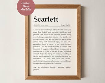 Znaczenie imienia Scarlett, spersonalizowany wydruk słownika, spersonalizowany znak z imieniem dziecka, dekoracja pokoju dziecięcego dla dziewczynek, prezent na chrzest i baby shower