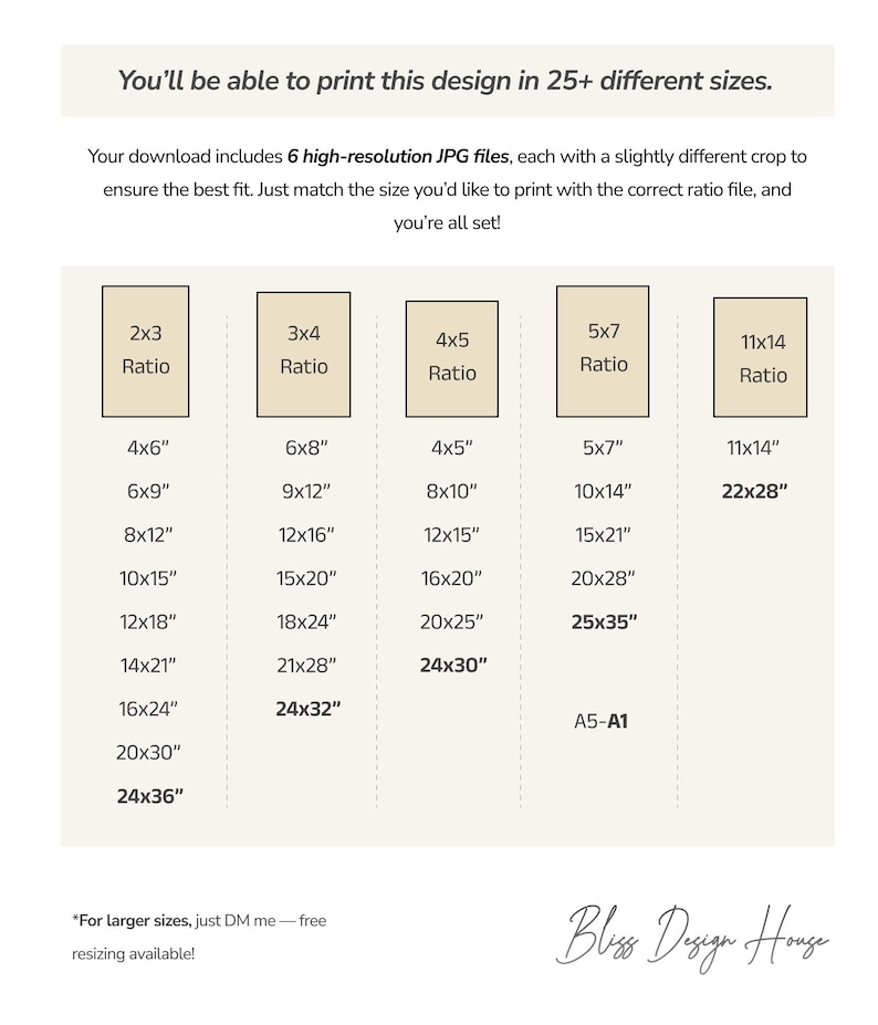 Peut inclure: Un graphique blanc avec du texte d&eacute;taillant les tailles d'impression, y compris des options de 10x15cm, 15x23cm, 20x30cm, 25x38cm, 30x46cm, 36x53cm, 41x61cm, 51x76cm et 61x91cm. Le graphique comprend &eacute;galement le texte "Vous pourrez imprimer ce design dans plus de 25 tailles diff&eacute;rentes."