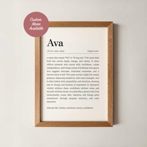 Könnte beinhalten: Gerahmter Druck mit dem Namen "Ava" und seiner Definition. Der Rahmen ist aus Holz und ein rosa Kreis oben links zeigt "Custom Name Available". Die Definition ist in einem minimalistischen Stil gedruckt.