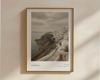 サントリーニ島のウォールアートプリント、ヴィンテージのサントリーニ島の油絵、ギリシャの島々の海岸沿いの装飾、地中海の旅行ポスター、ニュートラルなウォールアート