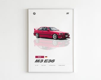 BMW M3 E36 Car Poster Cars Poster Print retro car Poster Supercar Poster Gift for him Kids boys room Decor Dorm Decor BMW Poster